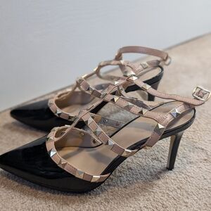 Elegant Black and Tan Studded Heels